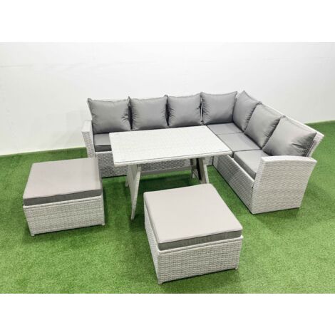 Fimous 8 Seater Garden Outdoor Rattan Furniture Set Rattan Corner Sofa Oblong Dining Table Set with 2 Big Footstools Light Grey Mixed