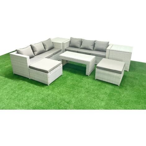 Fimous 8 Seater Garden Outdoor Rattan Furniture Set Rattan Garden Sofa Oblong Coffee Table with 2 Big Footstools 2 Side Tables Light Grey Mixed