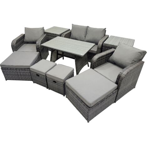 Fimous 8 Seater Garden Outdoor Rattan Furniture Set Rattan Sofa Oblong Dining Table with 2 Big Stools 2 Side Table Dark Grey