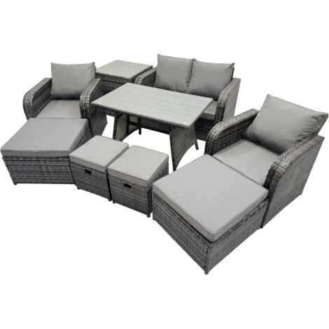 Fimous 8 Seater Garden Outdoor Rattan Furniture Set Rattan Sofa Oblong Dining Table with 2 Big Stools Side Table Dark Grey