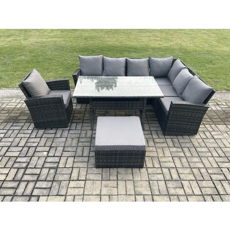 Fimous 8 Seater Garden Rattan Furniture Corner Sofa Dining Table Chair Set with Big Footstool Indoor Outdoor Lounge Sofa Set