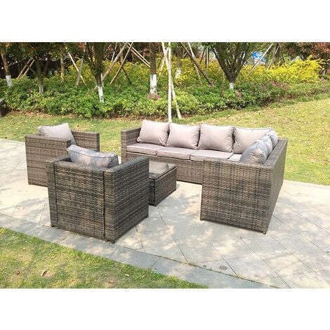 Fimous 8 Seater Grey Rattan Corner Sofa Set Coffee Table 2 Armchairs Garden Furniture Outdoor