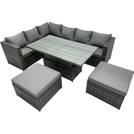 Fimous 8-seater Height Adjustable Rising Lifting Table Corner Sofa Set Rattan Garden Furniture Dining Set with 2 Big Stool Dark Grey Mixed