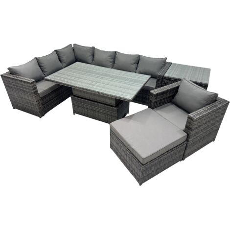 Fimous 8-seater Height Adjustable Rising Lifting Table Corner Sofa Set Rattan Garden Furniture Dining Set with Big Stool Side Table Dark Grey Mixed