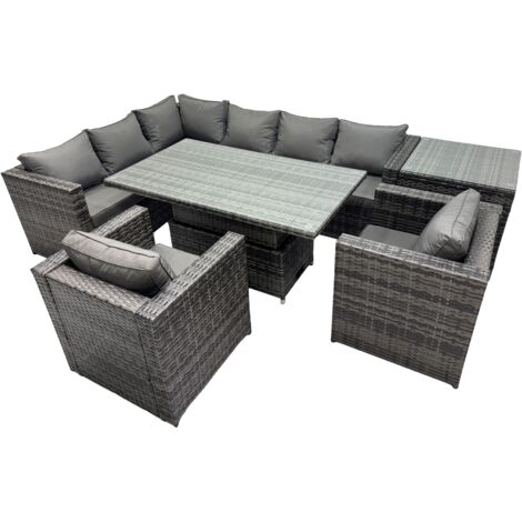 Fimous 8-seater Height Adjustable Rising Lifting Table Corner Sofa Set Rattan Garden Furniture Dining Set with Side Table Dark Grey Mixed