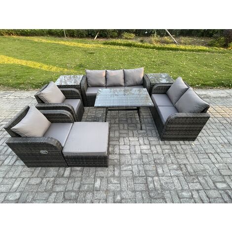 Fimous 8 Seater High Back PE Rattan Sofa Set Outdoor Garden Furniture Dining Table Set With Reclining Chair 3 Seater Sofa Love Sofa 2 Side Tables Big Footstool