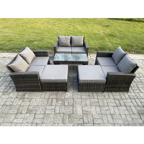 Fimous 8 Seater High Back Rattan Garden Furniture Sofa Sets with Rectangular Coffee Table 2 Big Footstool Dark Grey Mixed