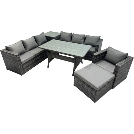 Fimous 8 Seater Outdoor Corner Sofa Chair Dining Table Set Garden Rattan Furniture Set with Side Table Big Stool Dark Grey