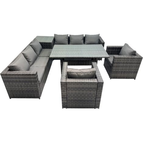 Fimous 8 Seater Outdoor Corner Sofa Chair Dining Table Set Garden Rattan Furniture Set with Side Table Dark Grey