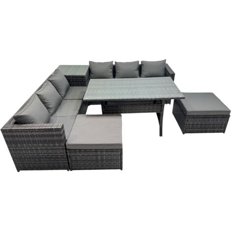Fimous 8 Seater Outdoor Corner Sofa Dining Table Set Garden Rattan Furniture Set with Side Table 2 Big Stool Dark Grey