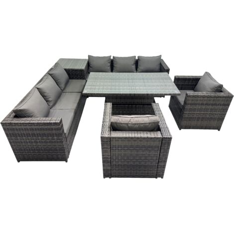 Fimous 8 Seater Outdoor Corner Sofa Height Adjustable Rising Lifting Table Set Garden Rattan Furniture Set with Side Table Dark Grey