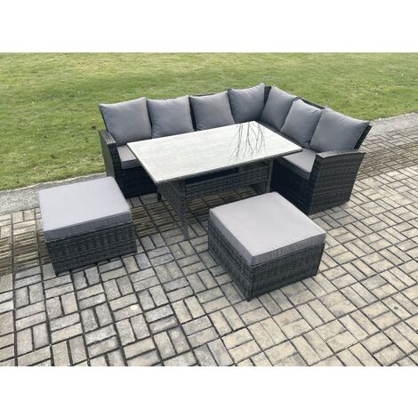 Fimous 8 Seater Outdoor Furniture Garden Dining Set Rattan Corner Sofa Set with Rectangular Dining Table Big Footstool Dark Grey Mixed