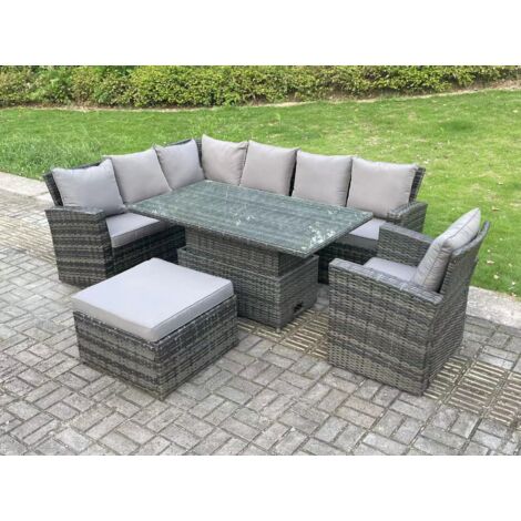 Fimous 8 Seater Outdoor High Back Rattan Adjustable Rising Lifting Dining Table Corner Sofa Set Garden Furniture Set Dark Grey Mixed Left Hand