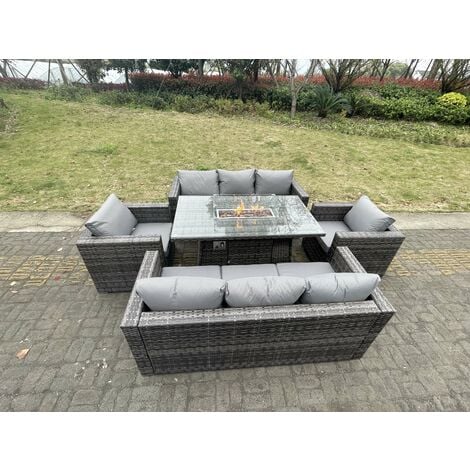 Fimous 8 Seater Outdoor PE Rattan Garden Furniture Gas Fire Pit Dining Table Set Lounge Sofa 2 PC Armchairs Dark Grey Mixed Patio