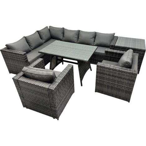 Fimous 8-seater Outdoor PE Rattan Sofa Set with Dining Table Patio Garden Furniture Sets with 2 Chair Side Table Dark Grey Mixed