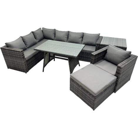 Fimous 8-seater Outdoor PE Rattan Sofa Set with Dining Table Patio Garden Furniture Sets with Chair Big Stool Side Table Dark Grey Mixed