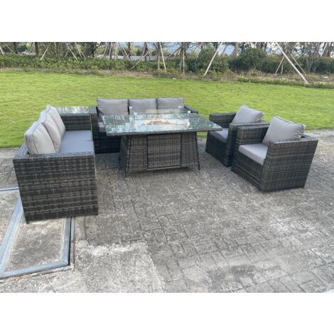 Fimous 8 Seater Outdoor Rattan Garden Furniture Gas Fire Pit Table Sets Gas Heater Lounge Chairs Side Coffee Tea Table Dark Grey