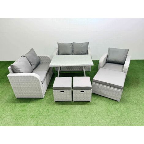 Fimous 8 Seater Outdoor Rattan Garden Furniture Set Love Sofa Reclining Chair Set with Rectangular Dining Table 3 Footstools Light Grey