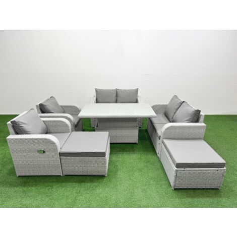 Fimous 8 Seater Outdoor Reclining Chair Love Sofa Set Rattan Garden Furniture Set with Adjustable Lifting Dining or Coffee Table 2 Big FootStools Light Grey