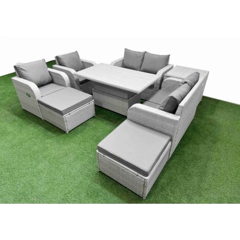 Fimous 8 Seater Outdoor Reclining Chair Love Sofa Set Rattan Garden Furniture Set with Adjustable Lifting Dining or Coffee Table 2 Big FootStools  Side Table Light Grey