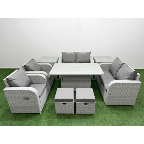 Fimous 8 Seater Outdoor Reclining Chair Love Sofa Set Rattan Garden Furniture Set with Adjustable Lifting Dining or Coffee Table 2 Stools 2 Side Table Light Grey