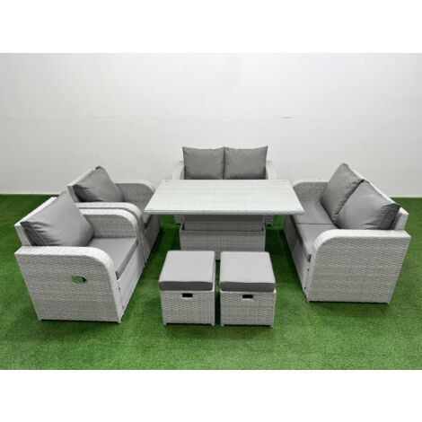 Fimous 8 Seater Outdoor Reclining Chair Love Sofa Set Rattan Garden Furniture Set with Adjustable Lifting Dining or Coffee Table 2 Stools Light Grey