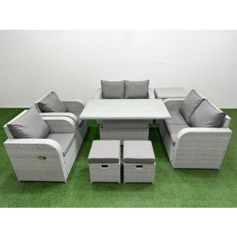 Fimous 8 Seater Outdoor Reclining Chair Love Sofa Set Rattan Garden Furniture Set with Adjustable Lifting Dining or Coffee Table 2 Stools Side Table Light Grey