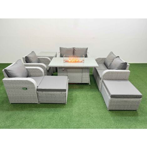 Fimous 8 Seater Outdoor Reclining Chair Love Sofa Set Rattan Garden Furniture Set with Firepit Dining Table 2 Big FootStools  Side Table Light Grey