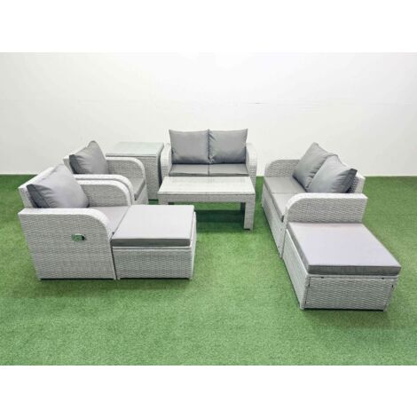 Fimous 8 Seater Outdoor Reclining Chair Love Sofa Set Rattan Garden Furniture Set with Oblong Coffee Table 2 Big FootStools  Side Table Light Grey