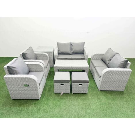 Fimous 8 Seater Outdoor Reclining Chair Love Sofa Set Rattan Garden Furniture Set with Oblong Coffee Table 2 Stools Side Table Light Grey