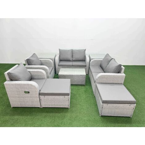 Fimous 8 Seater Outdoor Reclining Chair Love Sofa Set Rattan Garden Furniture Set with Rectangular Coffee Table 2 Big FootStools  2 Side Table Light Grey