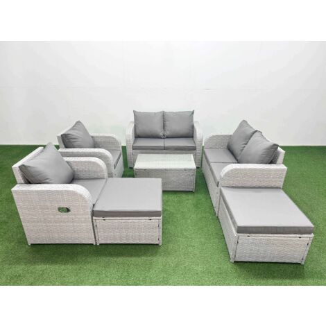 Fimous 8 Seater Outdoor Reclining Chair Love Sofa Set Rattan Garden Furniture Set with Rectangular Coffee Table 2 Big FootStools Light Grey