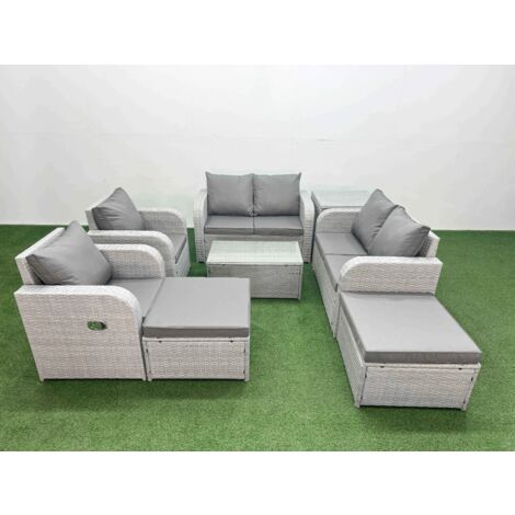 Fimous 8 Seater Outdoor Reclining Chair Love Sofa Set Rattan Garden Furniture Set with Rectangular Coffee Table 2 Big FootStools  Side Table Light Grey