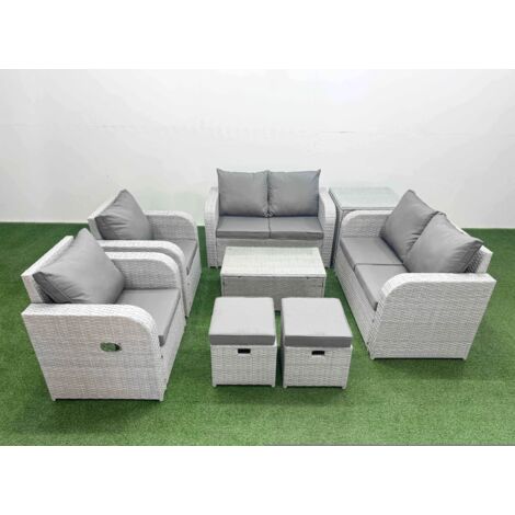 Fimous 8 Seater Outdoor Reclining Chair Love Sofa Set Rattan Garden Furniture Set with Rectangular Coffee Table 2 Stools Side Table Light Grey