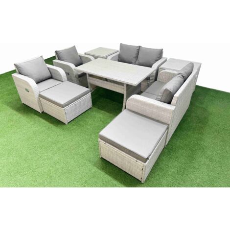 Fimous 8 Seater Outdoor Reclining Chair Love Sofa Set Rattan Garden Furniture Set with Rectangular Dining Table 2 Big FootStools  2 Side Table Light Grey