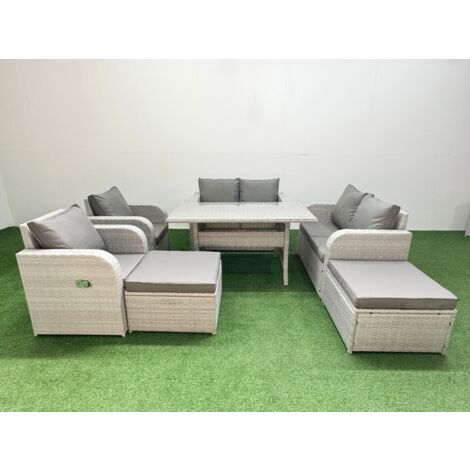 Fimous 8 Seater Outdoor Reclining Chair Love Sofa Set Rattan Garden Furniture Set with Rectangular Dining Table 2 Big FootStools Light Grey