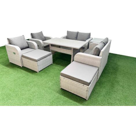 Fimous 8 Seater Outdoor Reclining Chair Love Sofa Set Rattan Garden Furniture Set with Rectangular Dining Table 2 Big FootStools  Side Table Light Grey