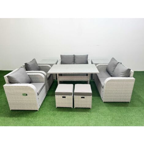 Fimous 8 Seater Outdoor Reclining Chair Love Sofa Set Rattan Garden Furniture Set with Rectangular Dining Table 2 Stools 2 Side Table Light Grey