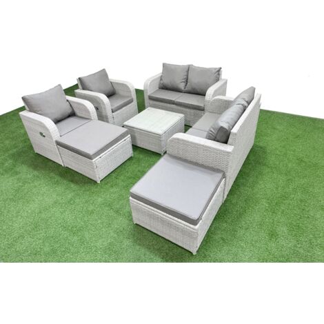 Fimous 8 Seater Outdoor Reclining Chair Love Sofa Set Rattan Garden Furniture Set with Square Coffee Table 2 Big FootStools Light Grey