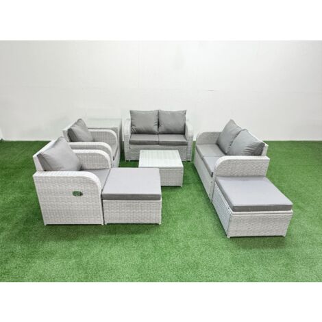 Fimous 8 Seater Outdoor Reclining Chair Love Sofa Set Rattan Garden Furniture Set with Square Coffee Table 2 Big FootStools  Side Table Light Grey