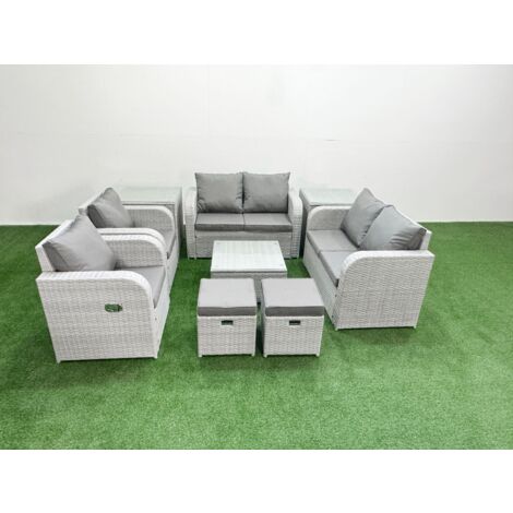 Fimous 8 Seater Outdoor Reclining Chair Love Sofa Set Rattan Garden Furniture Set with Square Coffee Table 2 Stools 2 Side Table Light Grey