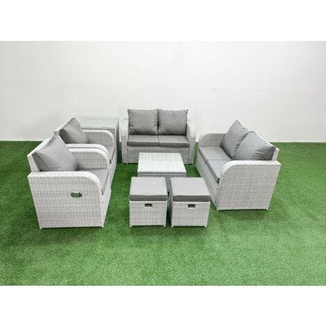 Fimous 8 Seater Outdoor Reclining Chair Love Sofa Set Rattan Garden Furniture Set with Square Coffee Table 2 Stools Side Table Light Grey