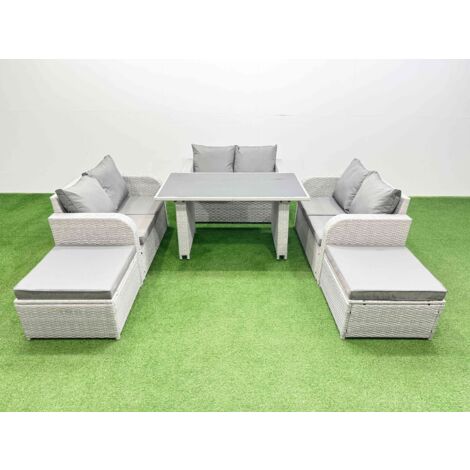 Fimous 8 Seater Patio Garden Furniture Sets with Black Glass Top Dining Table Love Sofa 2 Big Stool Light Grey