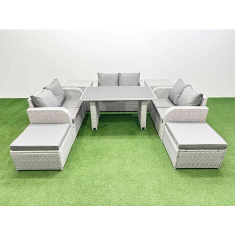 Fimous 8 Seater Patio Garden Furniture Sets with Black Glass Top Dining Table Love Sofa 2 Side Tables 2 Big Stool Light Grey