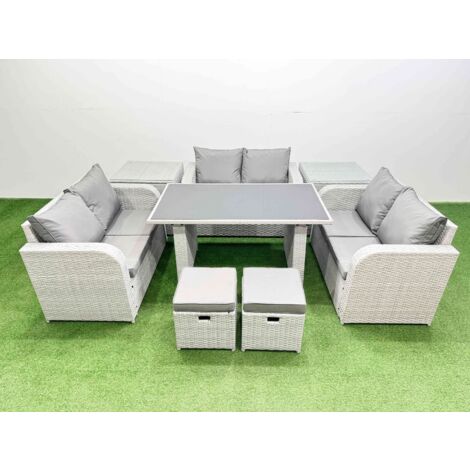 Fimous 8 Seater Patio Garden Furniture Sets with Black Glass Top Dining Table Love Sofa 2 Side Tables 2 Small Stool Light Grey