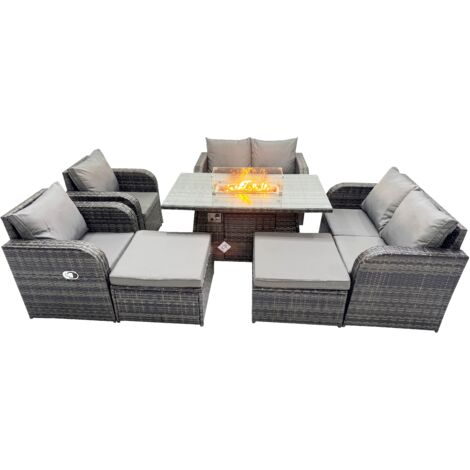 Fimous 8-seater Patio Gas Firpit Dining Table Sofa Sets Rattan Garden Furniture Dining Set with 2 Big Stools Dark Grey Mixed