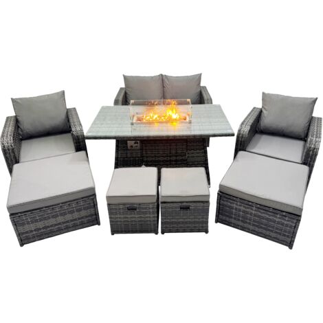 Fimous 8-seater Patio Gas Firpit Dining Table Sofa Sets Rattan Garden Furniture Dining Set with 4 Stools Dark Grey Mixed