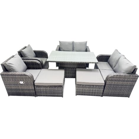 Fimous 8-seater Patio Height Adjustable Rising Lifting Table Sofa Sets Rattan Garden Furniture Dining Set with 2 Big Footstool Dark Grey Mixed