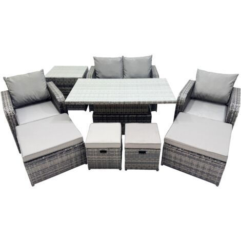 Fimous 8-seater Patio Height Adjustable Rising Lifting Table Sofa Sets Rattan Garden Furniture Dining Set with 2 Big Footstool Side Table Dark Grey Mixed