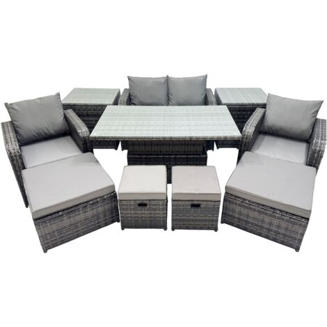 Fimous 8-seater Patio Height Adjustable Rising Lifting Table Sofa Sets Rattan Garden Furniture Dining Set with 2 Small Footstool Dark Grey Mixed